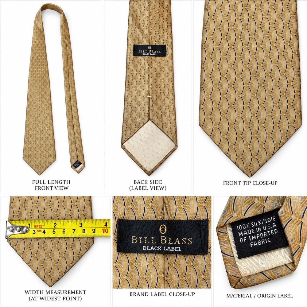 Bill Blass Black Label 100% Silk Tie Gold Navy Geometric Made in USA Men’s